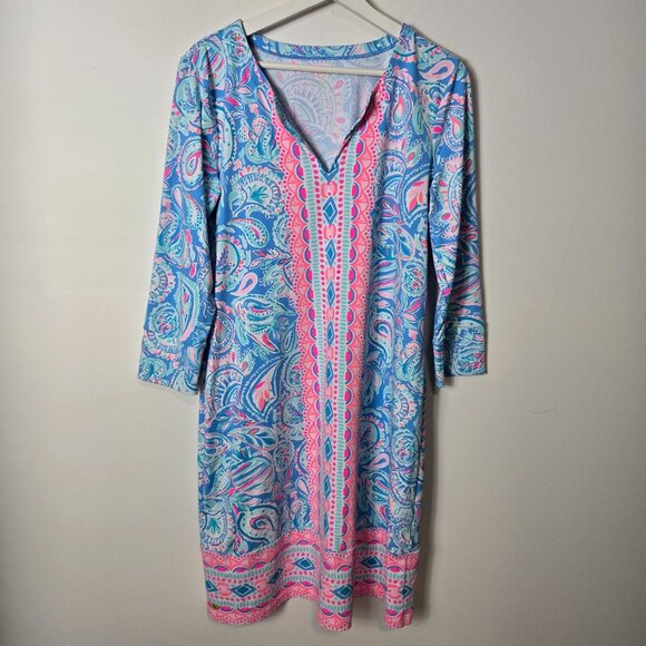Lilly Pulitzer Size L  Nadine ChillyLilly Dress in Zanzibar Blue Fish Kiss UPF 5 - Picture 1 of 9